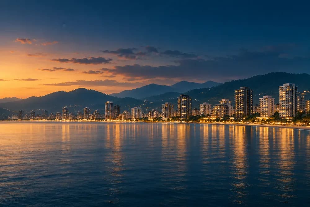 Coastal city skyline at dusk