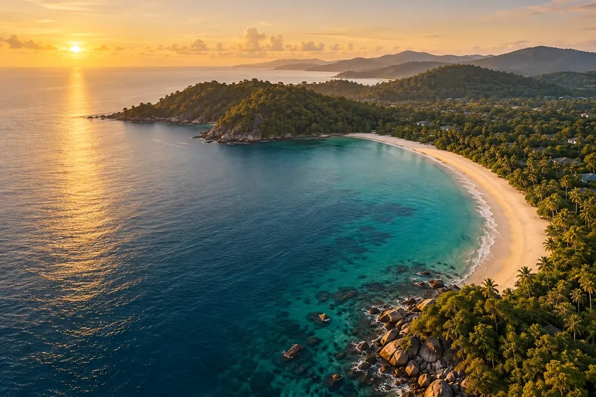 Aerial view of a Thai coastline at golden hour